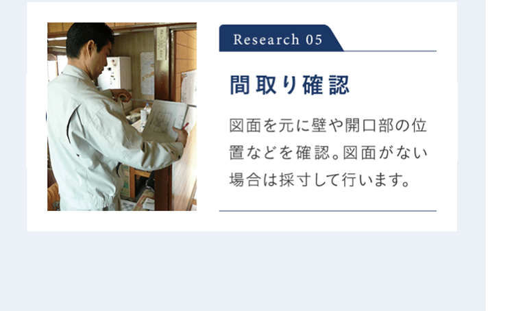 Research 05 間取り確認 図面を元に壁や開口部の位置などを確認。図面がない 場合は採寸して行います。