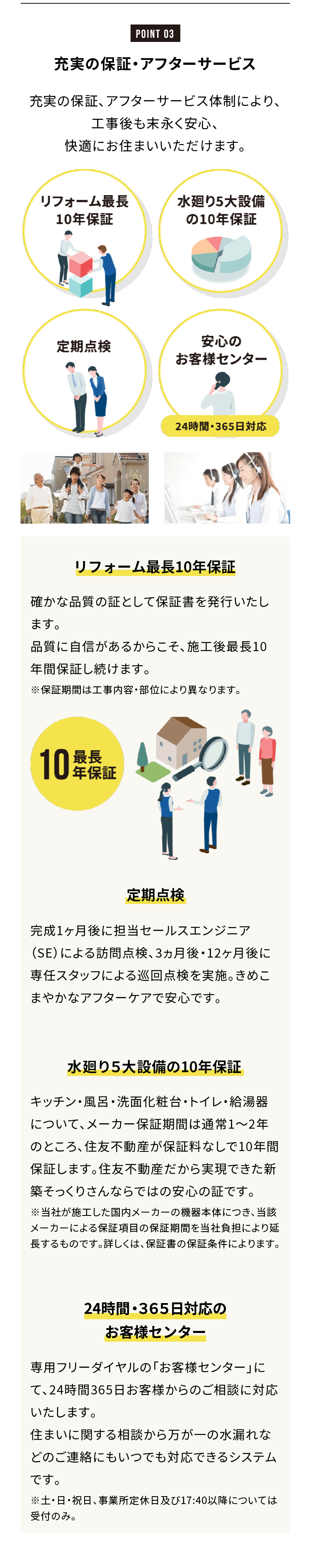 POINT 03
充実の保証・アフターサービス
充実の保証、アフターサービス体制により、
工事後も末長く安心、快適にお住まいいただだけます、

リフォーム最長10年保証
水廻り5大設備の10年保証
定期点検
安心のお客様センター 24時間・365日対応

リフォーム最長10年保証
確かな品質の証として保証書を発行いたします。
品質に自信があるからこそ、施工後最長1０年間保証し続けます。

※保証期間は工事内容・部位により異なります。

最長10年保証

定期点検
完成1ヶ月後に担当セールスエンジニア
（SE）による訪問点検、３ヶ月後・12ヶ月後に
専任スタッフによる巡回点検を実施。きめこまやかな
アフターケアで安心です。

水廻り5大接尾の10年保証
キッチン・風呂・洗面化粧台・トイレ・給湯器について、メーカー保証期間は通常1〜2年のところ、住友不動産が保証料なしで10年間保証します。住友不動産だから実現できた新築そっくりさんならではの安心の証です。
※ 当社が施工した国内メーカーの機器本体につき、当該メーカーによる保証項目の保証期間を当社負担により延長するものです。詳しくは、保証書の保証条件によります。

24時間・365日対応のお客様センター
専用フリーダイヤルの「お客様センター」にて、24時間365日お客様からのご相談に対応いたします。
住まいに関する相談から万が一の水漏れなどのご連絡についてもいつでも対応できるシステムです。

※ 土・日・祝日、事業所定休日及び17:40以降については受付のみ。