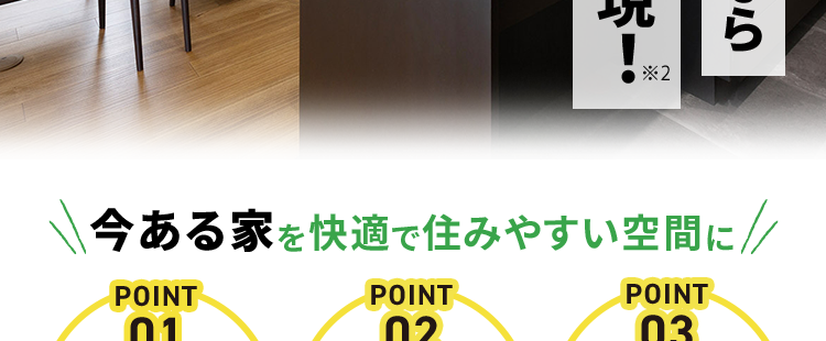 マンションリフォーム売上
*1
12年連続 No.1 M
理想の間取りが実現!
マンションリフォームなら
*2
01
今ある家を快適で住みやすい空間に //
POINT
POINT
02
POINT
03
間取り変更
最新住宅設備
デザイン性
+
+
田
※12013~2024年住友不動産グループ実績 /
2025年リフォーム産業新聞調べ、調査開始以来継続して全国第1位
※2マンション新築そっくりさんによるスケルトンリノベーションの場合。 但し、マンションの
構造、管理規約、関連法規等により、一定の制約のある場合があります。