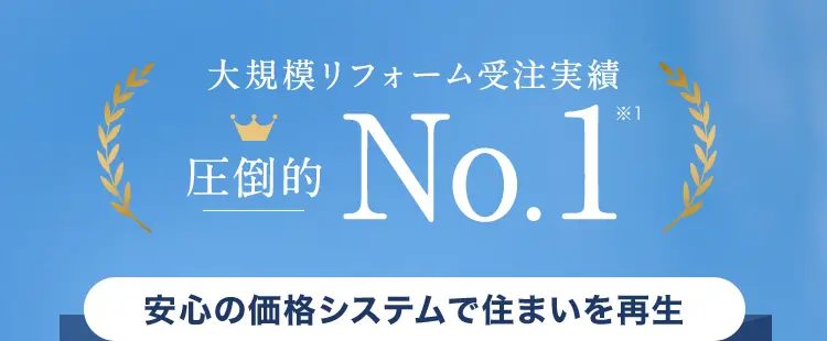 大規模リフォーム受注実績
圧倒的
No.1
*1
安心の価格システムで住まいを再生
完全定価制
*2
Before
After
リーズナブルに住まいまるごと
「新築同様に」
戸建てもマンションも
※12025年リフォーム産業新聞調べ
(500万円以上改修工事受注数ランキングで住友不動産ハウジングが全国第1位)
※2 お客様のご要望による工事内容の変更がない限り着工後の追加費用なし。