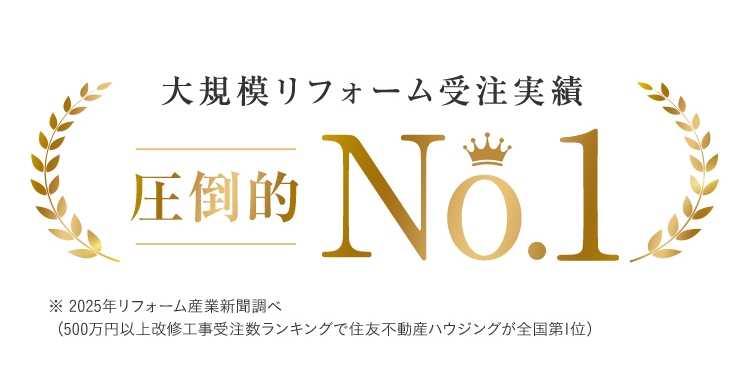 大規模リフォーム受注実績
圧倒的
No.14
※ 2025年リフォーム産業新聞調べ
(500万円以上改修工事受注数ランキングで住友不動産ハウジングが全国第1位)