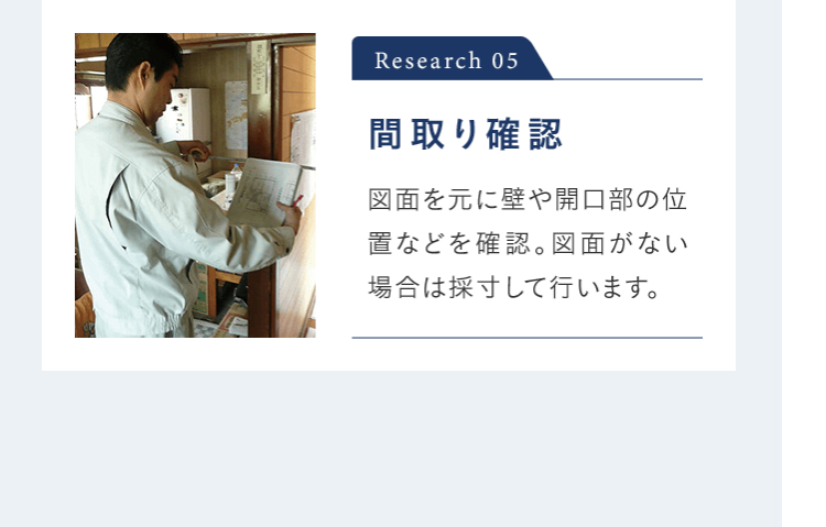 Research 05 間取り確認 図面を元に壁や開口部の位置などを確認。図面がない 場合は採寸して行います。