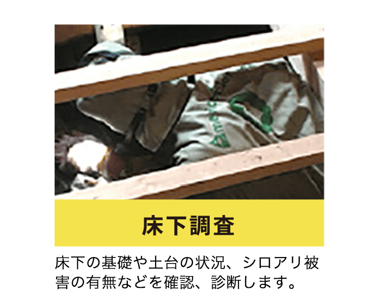 床下調査
床下の基礎や土台の状況、シロアリ被害の有無などを確認、診断します。