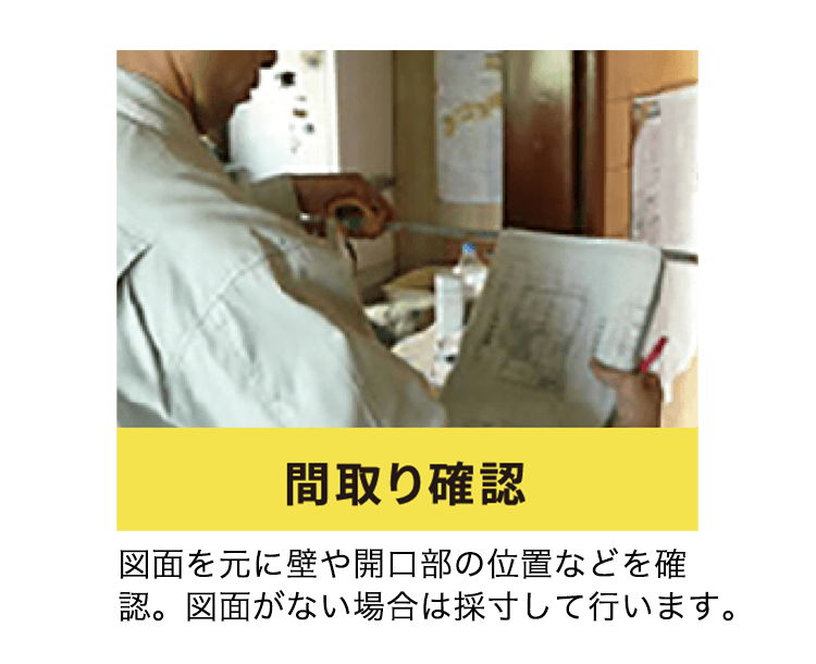 間取り確認
図面を元に壁や開口部の位置などを確認。図面がない場合は採寸し行います。